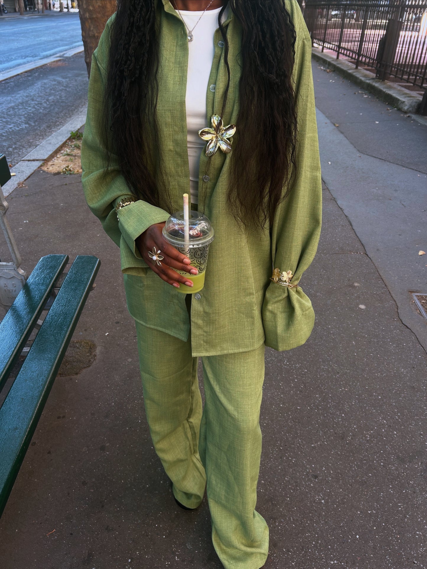Chemise en lin matcha