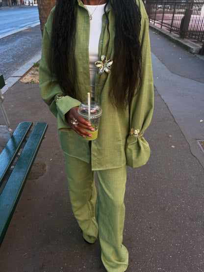 Pantalon en lin matcha