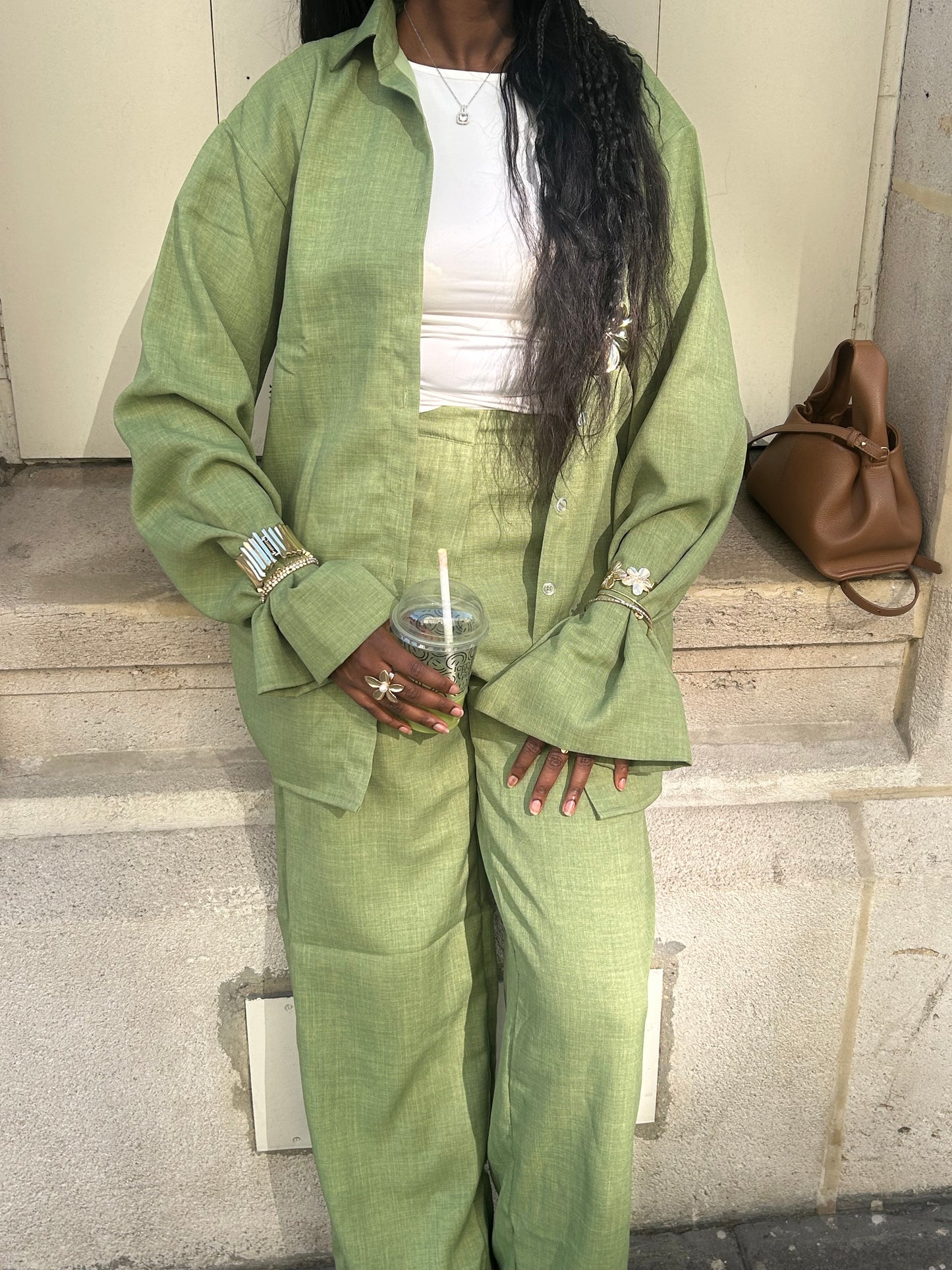 Chemise en lin matcha